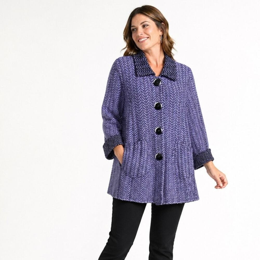 Anthropologie Willow Purple Black Long Cardigan Sweater Coat Size L Pockets